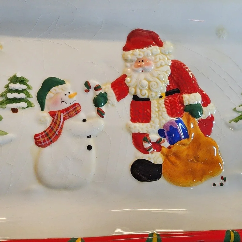 Decorative Vintage Christmas Serving Tray Plate W Santa & Snowman 13